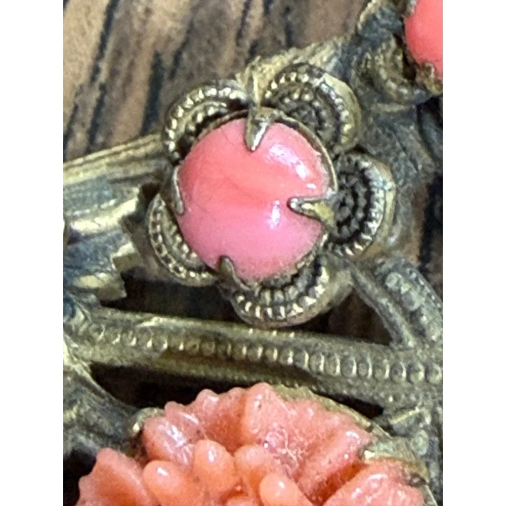 Vintage Czech Style Necklace Brass Filigree Pendant Orange Beads Carved Flowers